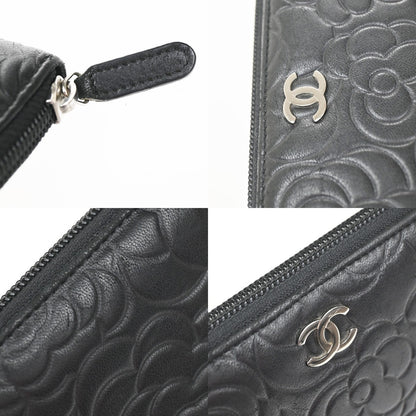 Chanel Camellia Zip Around Organizer Leather, Black, Leather, Wallet