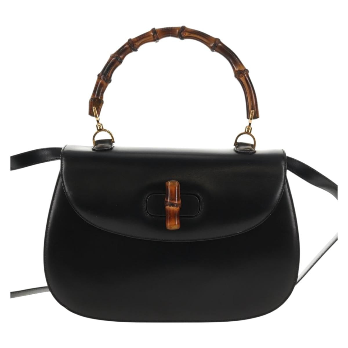 Gucci Vintage Convertible Bamboo Top Handle Bag Leather, BLACK, LEATHER, Handbag