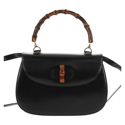 Gucci Vintage Convertible Bamboo Top Handle Bag Leather, BLACK, LEATHER, Handbag