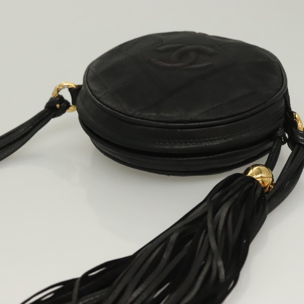 Chanel Vintage Round Tassel Crossbody Bag Quilted Satin, BLACK, SATIN, Crossbody bag