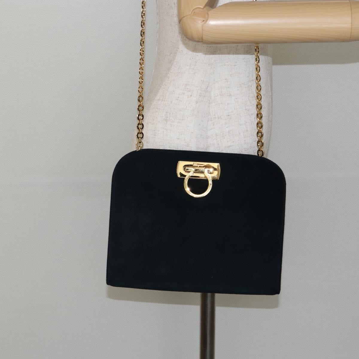 Salvatore Ferragamo Gancini Chain Shoulder bag Suede, NAVY, SUEDE, Shoulder bag