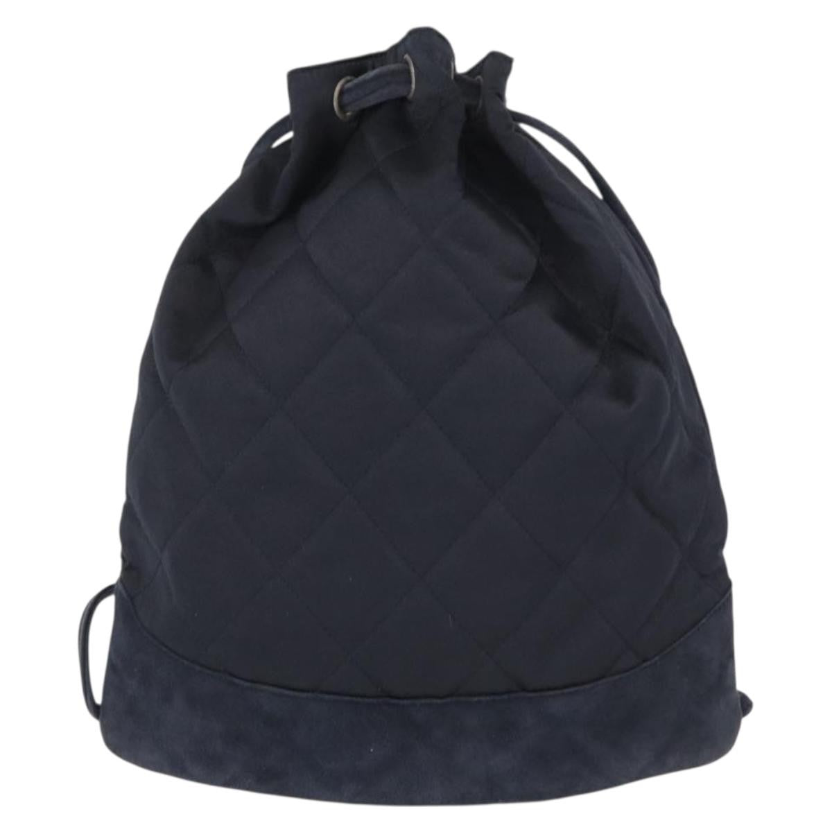 Chanel Vintage Drawstring Backpack Quilted Satin with Suede, NAVY, SATIN, Backpack