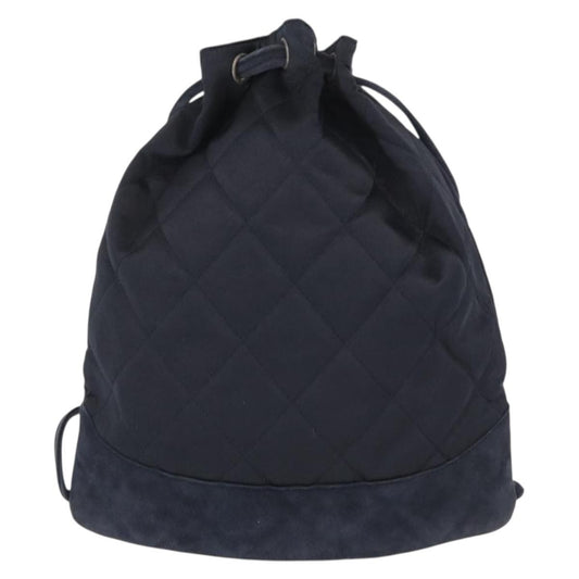 Chanel Vintage Drawstring Backpack Quilted Satin with Suede, NAVY, SATIN, Backpack