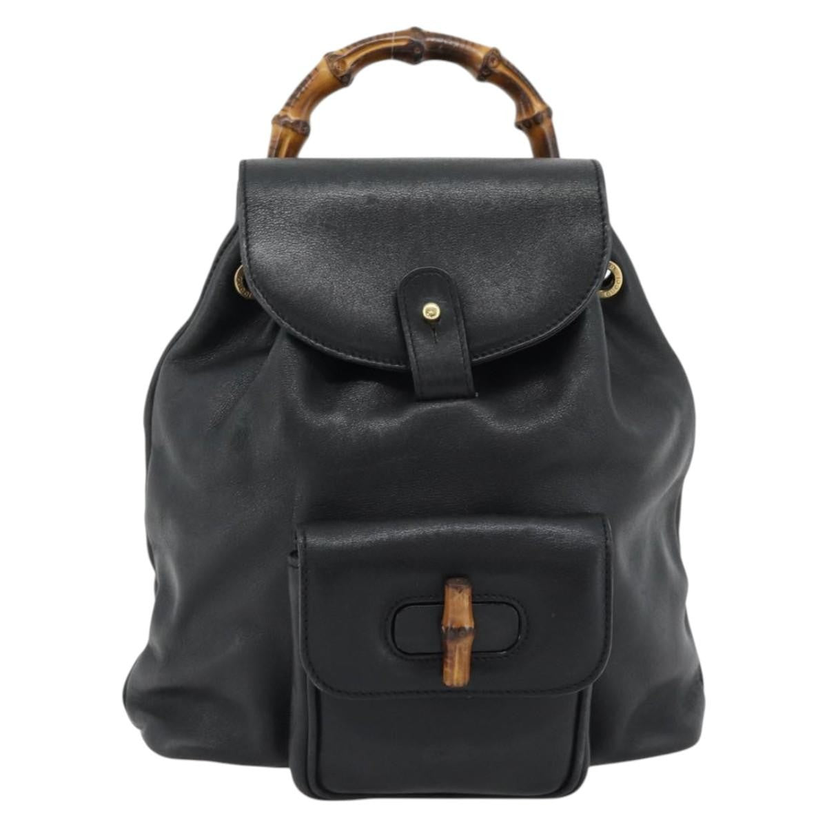 Gucci Vintage Bamboo Backpack Leather, Black, Leather, Backpack