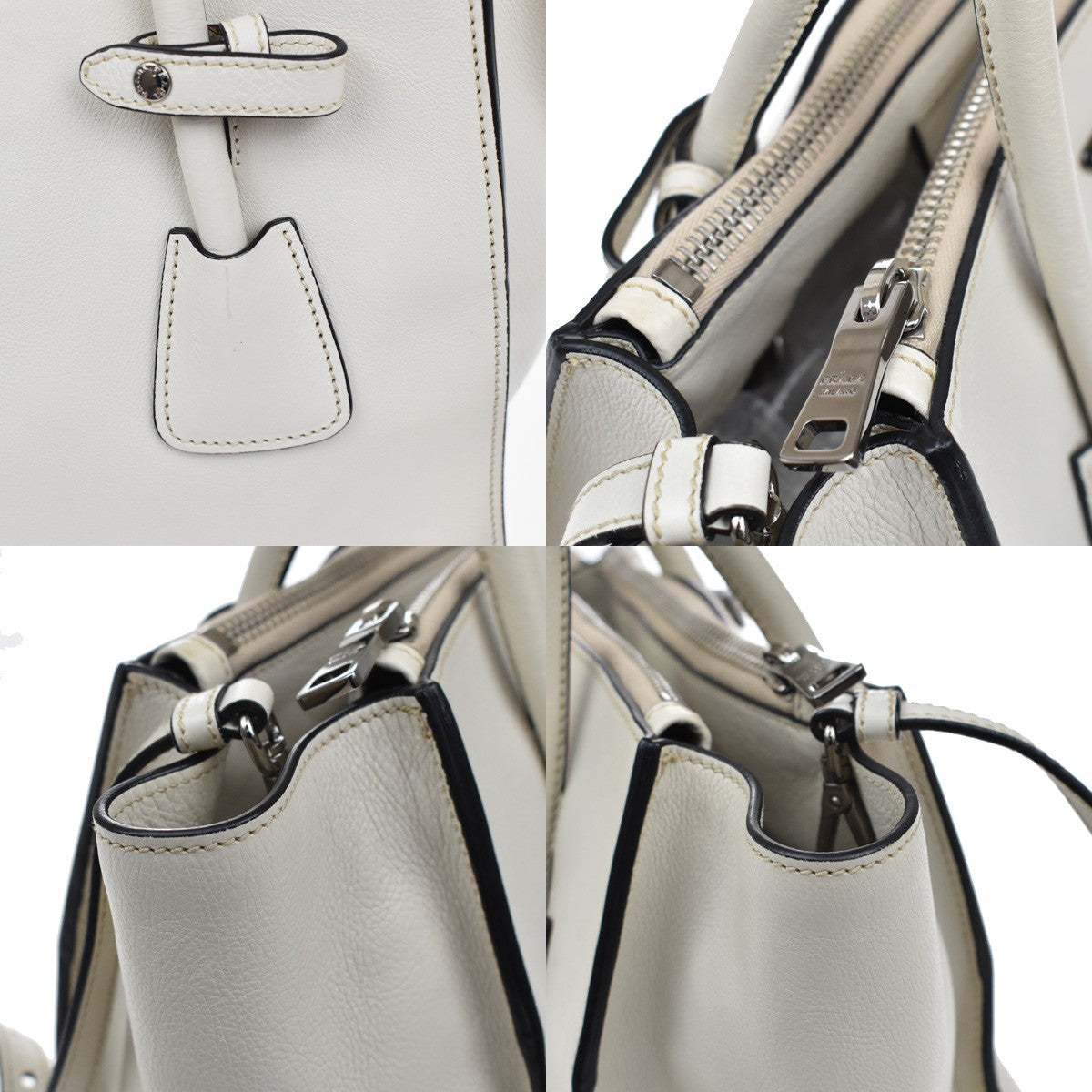 Prada Twin Pocket Shopping Tote City Calfskin, WHITE, LEATHER, Handbag