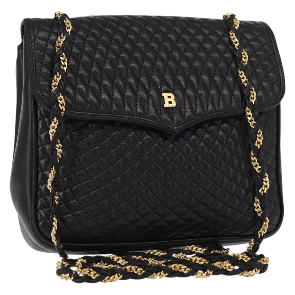 Bally Vintage Chain Shoulder Bag Quilted Leather, BLACK, LEATHER, Shoulder bag