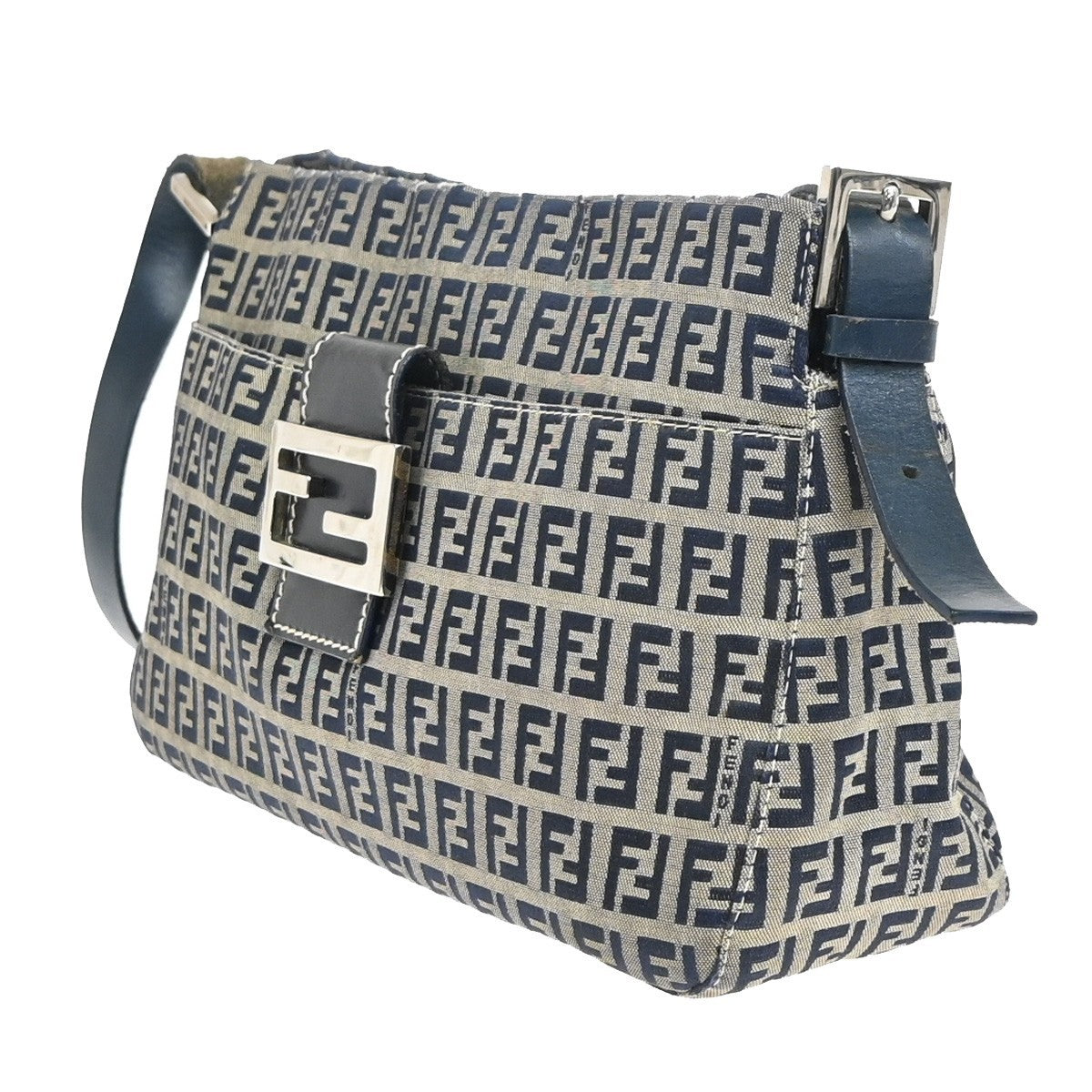 Fendi Vintage Flap Shoulder Bag Zucchino Canvas with Leather, NAVY, CANVAS, Shoulder bag