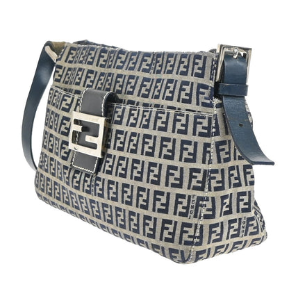 Fendi Vintage Flap Shoulder Bag Zucchino Canvas with Leather, NAVY, CANVAS, Shoulder bag