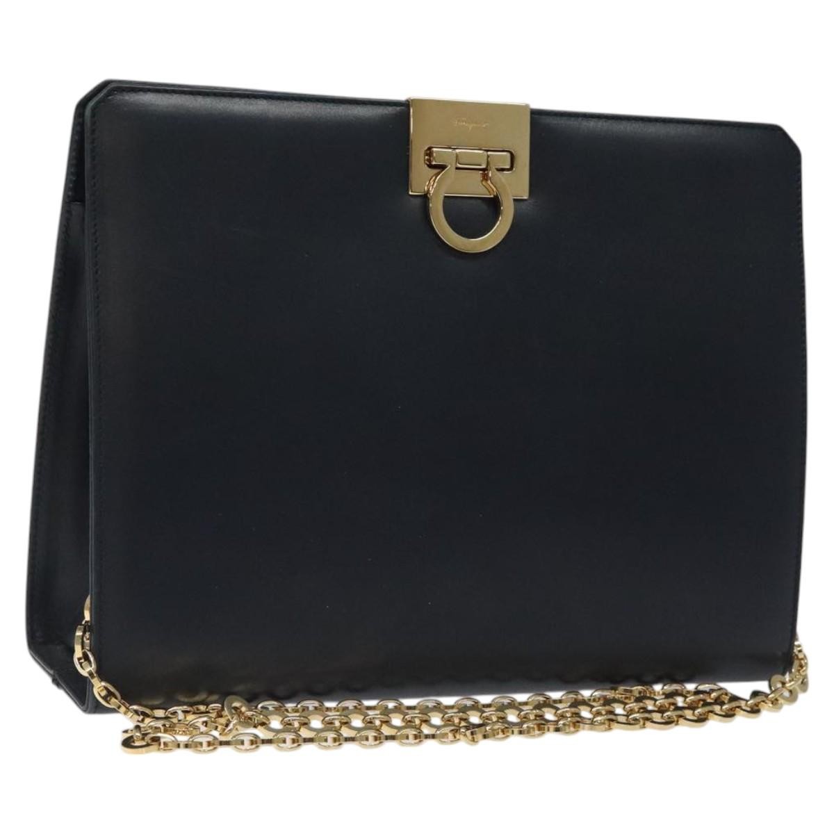 Salvatore Ferragamo Vintage Gancini Chain Shoulder Bag Leather, NAVY, LEATHER, Shoulder bag