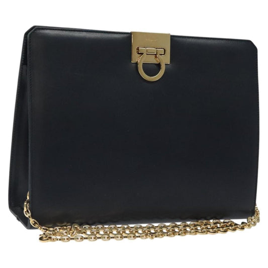 Salvatore Ferragamo Vintage Gancini Chain Shoulder Bag Leather, NAVY, LEATHER, Shoulder bag