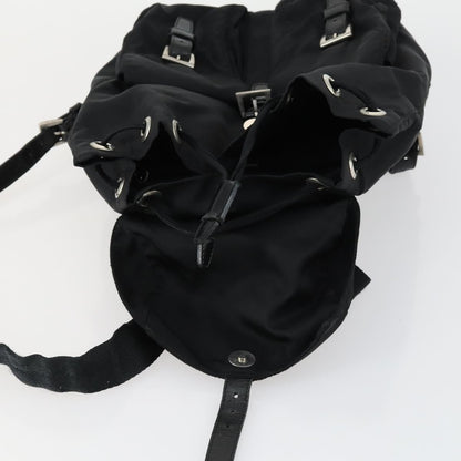 Prada Vela Double Front Pocket Backpack Tessuto with Saffiano Leather, BLACK, NYLON, Backpack