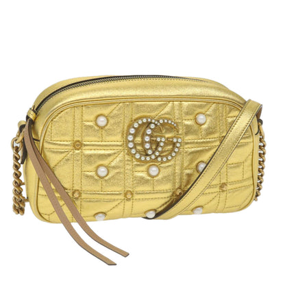 Gucci Pearly GG Marmont Shoulder Bag Embellished Matelasse Leather, GOLD, LEATHER, Shoulder bag