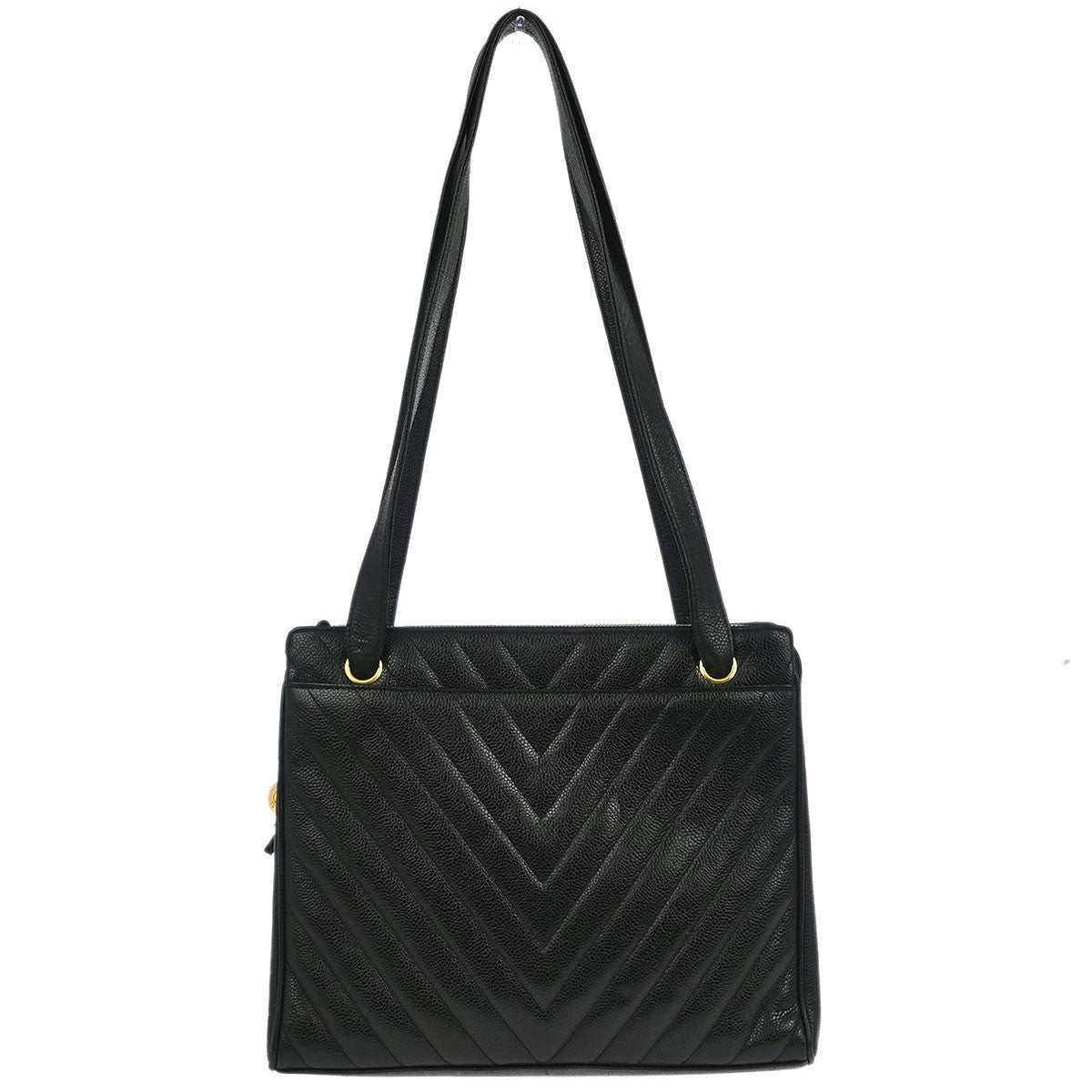 Chanel Vintage Zip Shoulder Bag Chevron Caviar, Black, Leather, Shoulder Bag