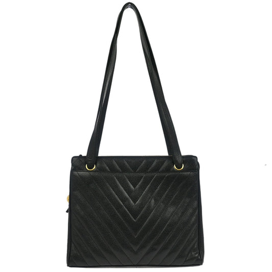Chanel Vintage Zip Shoulder Bag Chevron Caviar, Black, Leather, Shoulder Bag