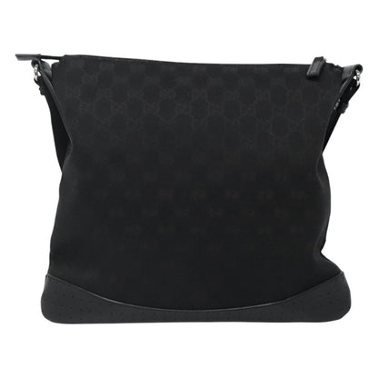 Gucci Zip Messenger Bag GG Canvas with Perforated Leather, BLACK, CANVAS, Shoulder bag