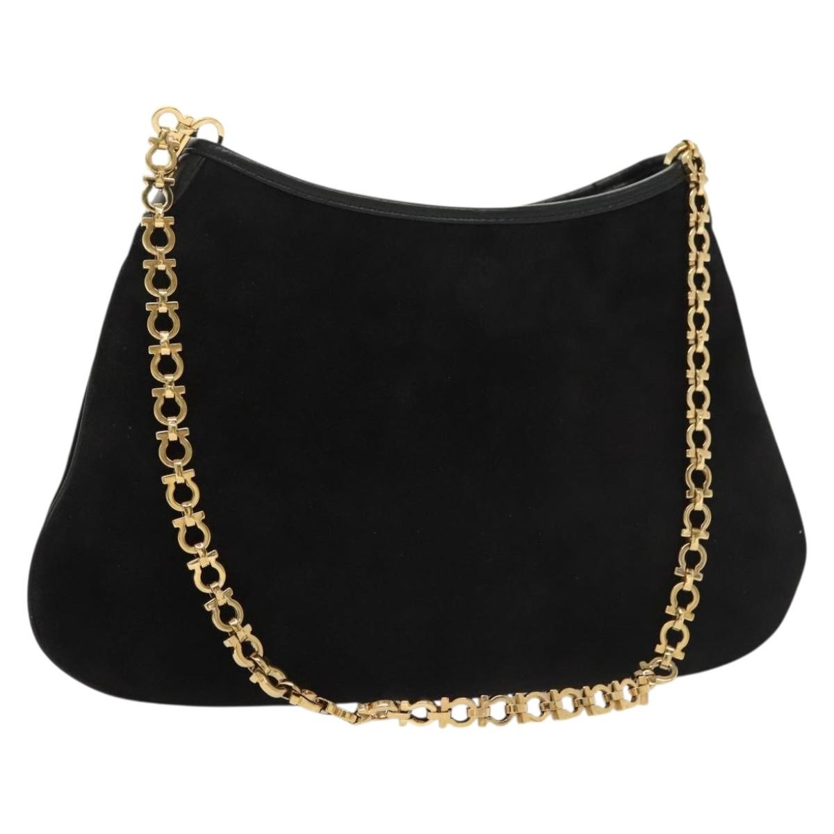 Salvatore Ferragamo Gancini Chain Shoulder bag Suede, BLACK, SUEDE, Shoulder bag