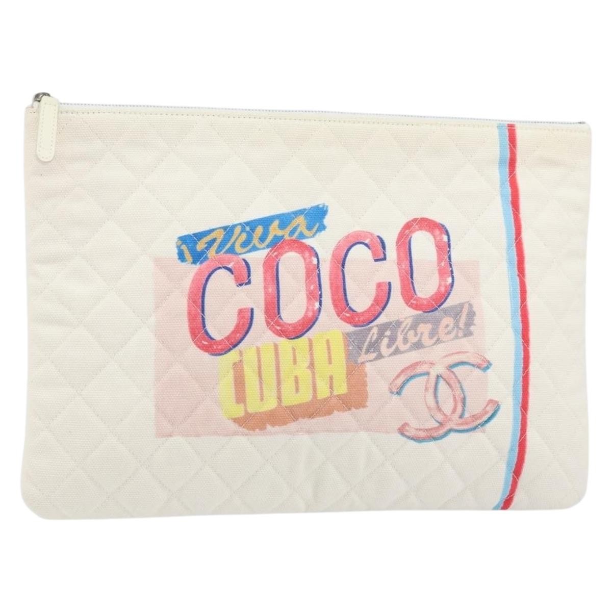 Chanel Coco Cuba Pouch Printed Quilted Canvas, WHITE, CANVAS, Clutche & pouche