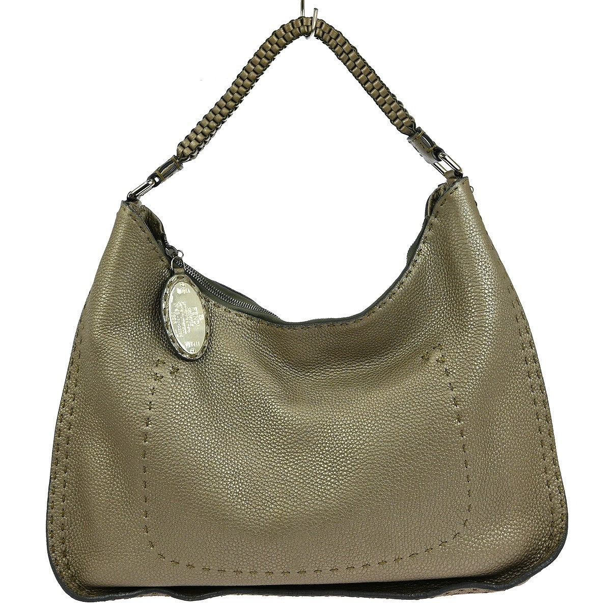 Fendi Selleria Logo Hobo Leather, GRAY, LEATHER, Handbag