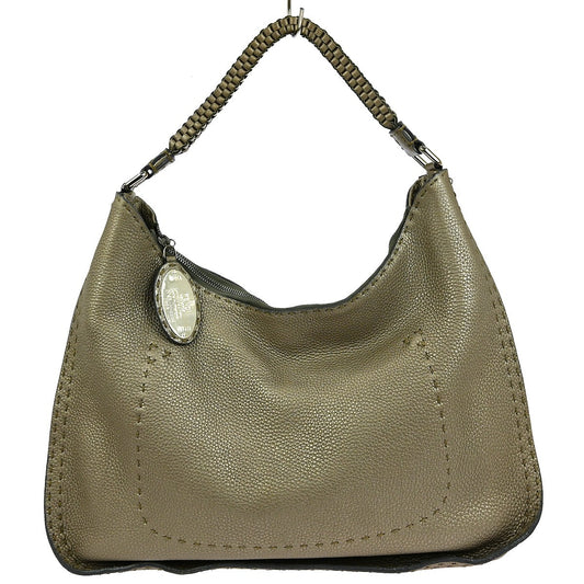 Fendi Selleria Logo Hobo Leather, GRAY, LEATHER, Handbag