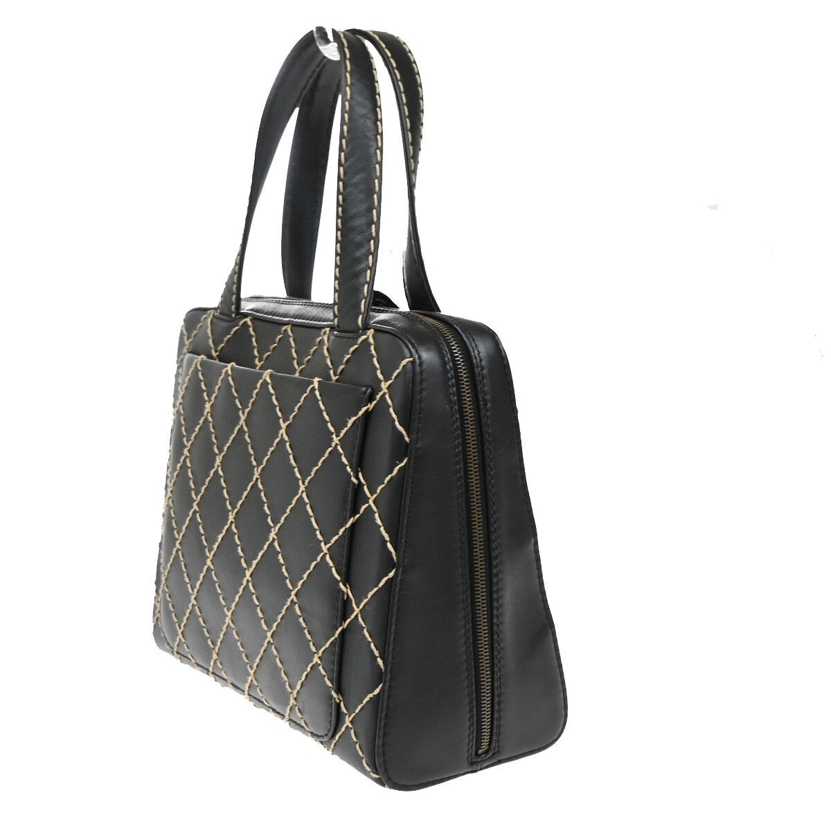 Chanel Surpique Zip Around Satchel Quilted Leather, BLACK, LEATHER, Tote bag