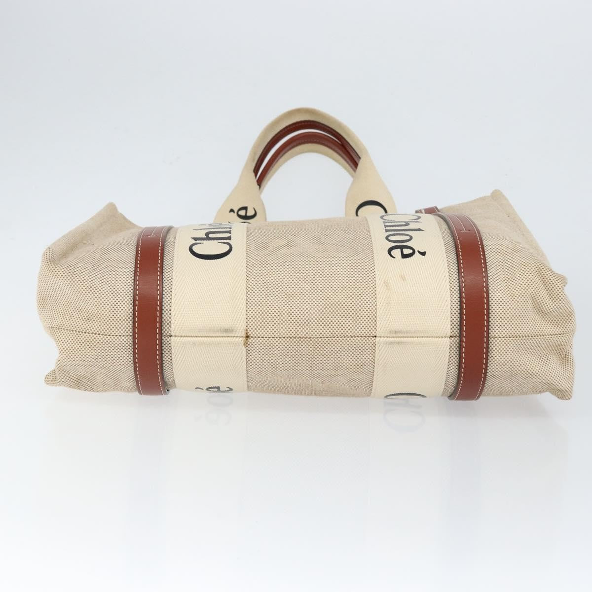 Chloe Woody Tote Canvas with Leather, BEIGE, CANVAS, Tote bag