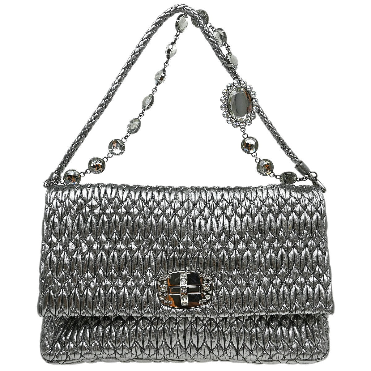 Miu Miu Nappa Matelassè Leather, Silver, Leather, Handbag