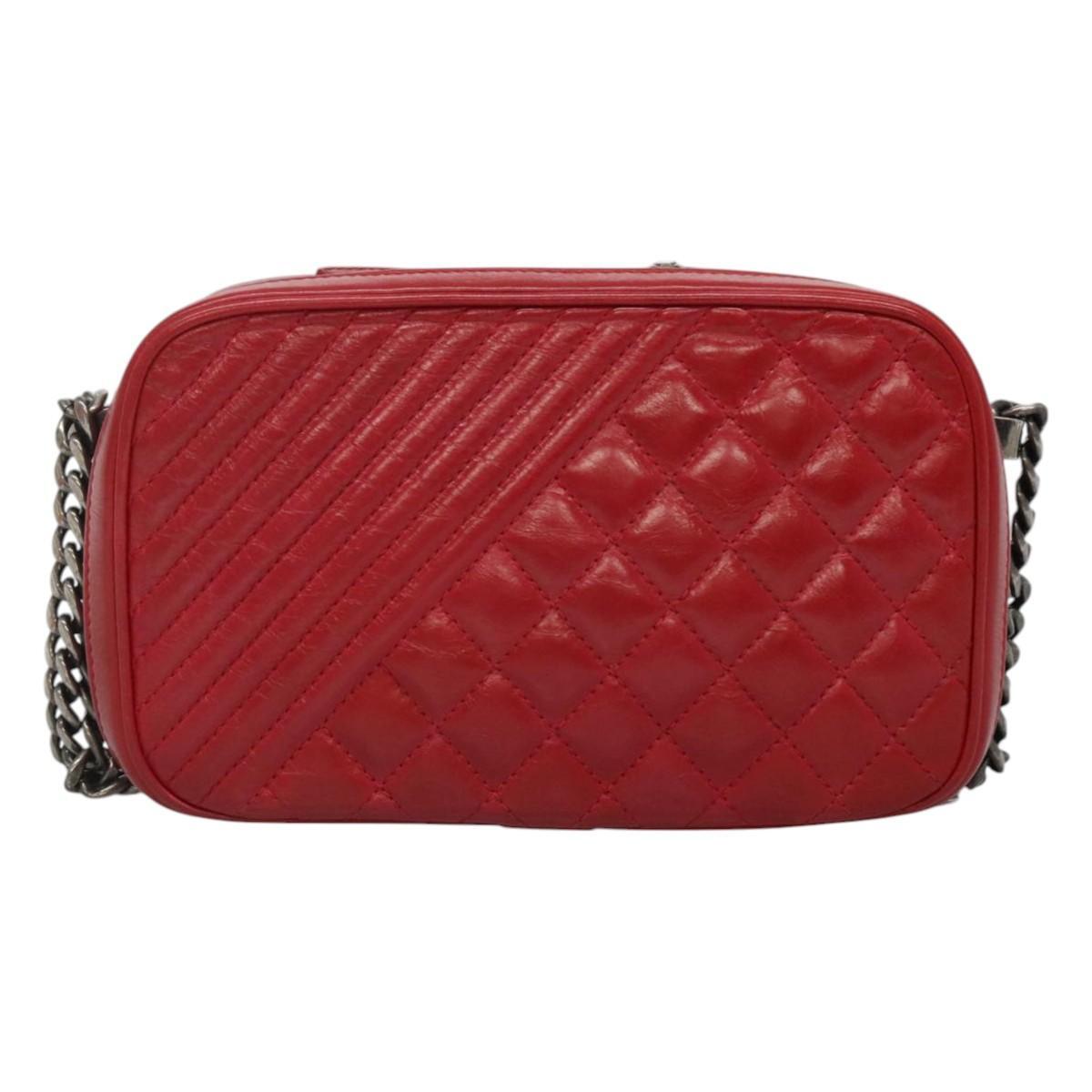 Chanel Coco Boy Camera Bag Quilted Leather, RED, LEATHER, Crossbody bag