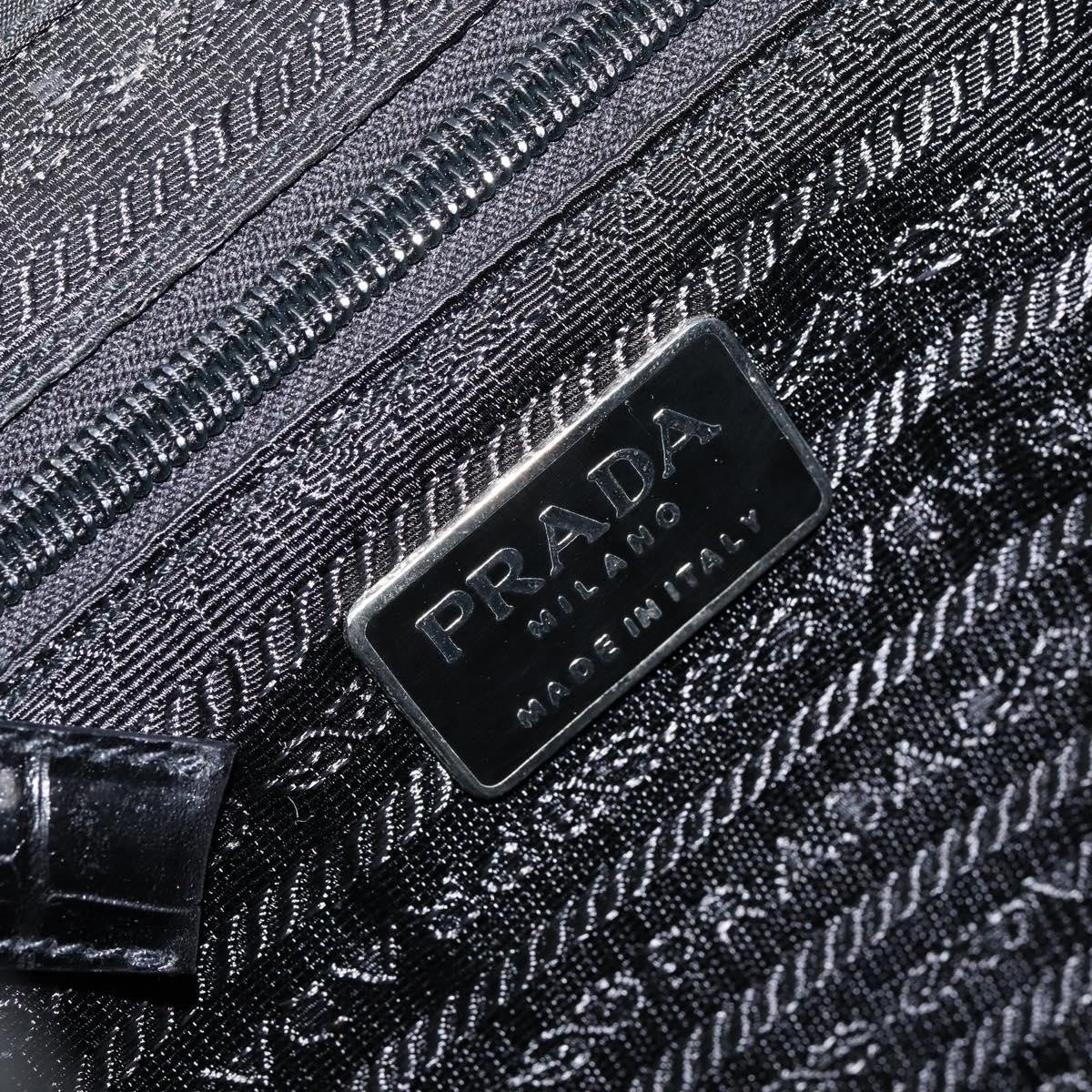 Prada Cinch Buckle Flap Backpack Tessuto with Crocodile Embossed Leather, BLACK, NYLON, Backpack