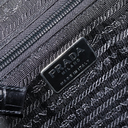 Prada Cinch Buckle Flap Backpack Tessuto with Crocodile Embossed Leather, BLACK, NYLON, Backpack