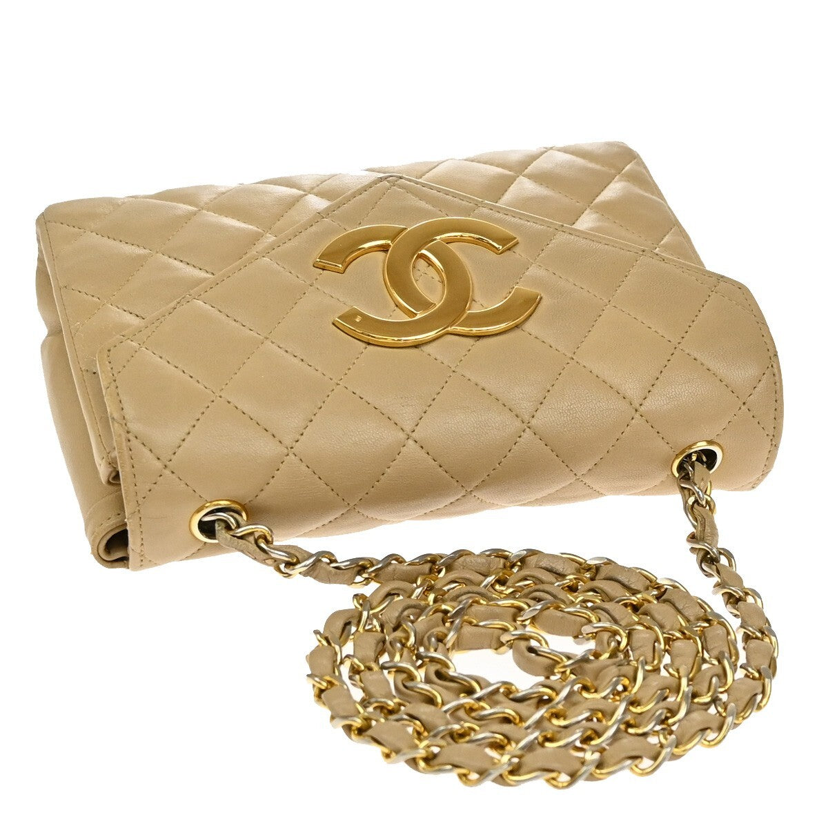 Chanel Vintage Envelope Flap Bag Quilted Lambskin, BEIGE, LEATHER, Clutche & pouche