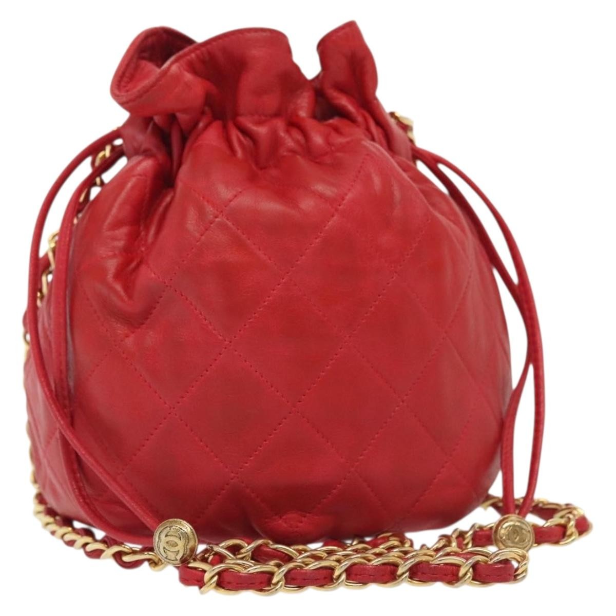 Chanel Drawstring Bucket Bag Lambskin, RED, LEATHER, Crossbody bag