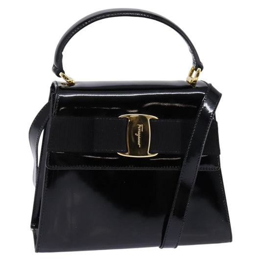 Salvatore Ferragamo Vintage Vara Bow Top Handle Bag Patent Leather, BLACK, PATENT_LEATHER, Handbag