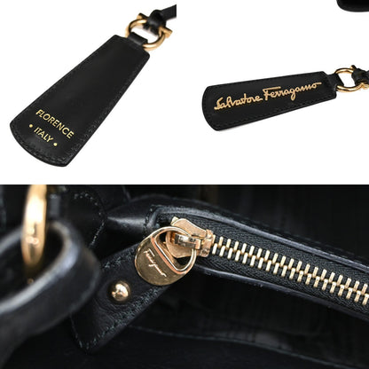 Salvatore Ferragamo Double Gancini Side Buckle Tote Leather, BLACK, LEATHER, Tote bag