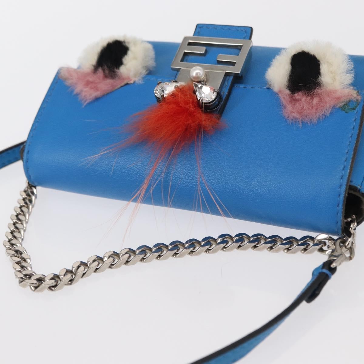 Fendi Monster Baguette Leather and Fur, BLUE, LEATHER, Handbag