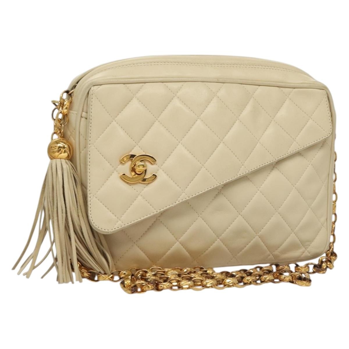 Chanel Vintage Front Pocket Camera Bag Quilted Lambskin, WHITE, LEATHER, Crossbody bag