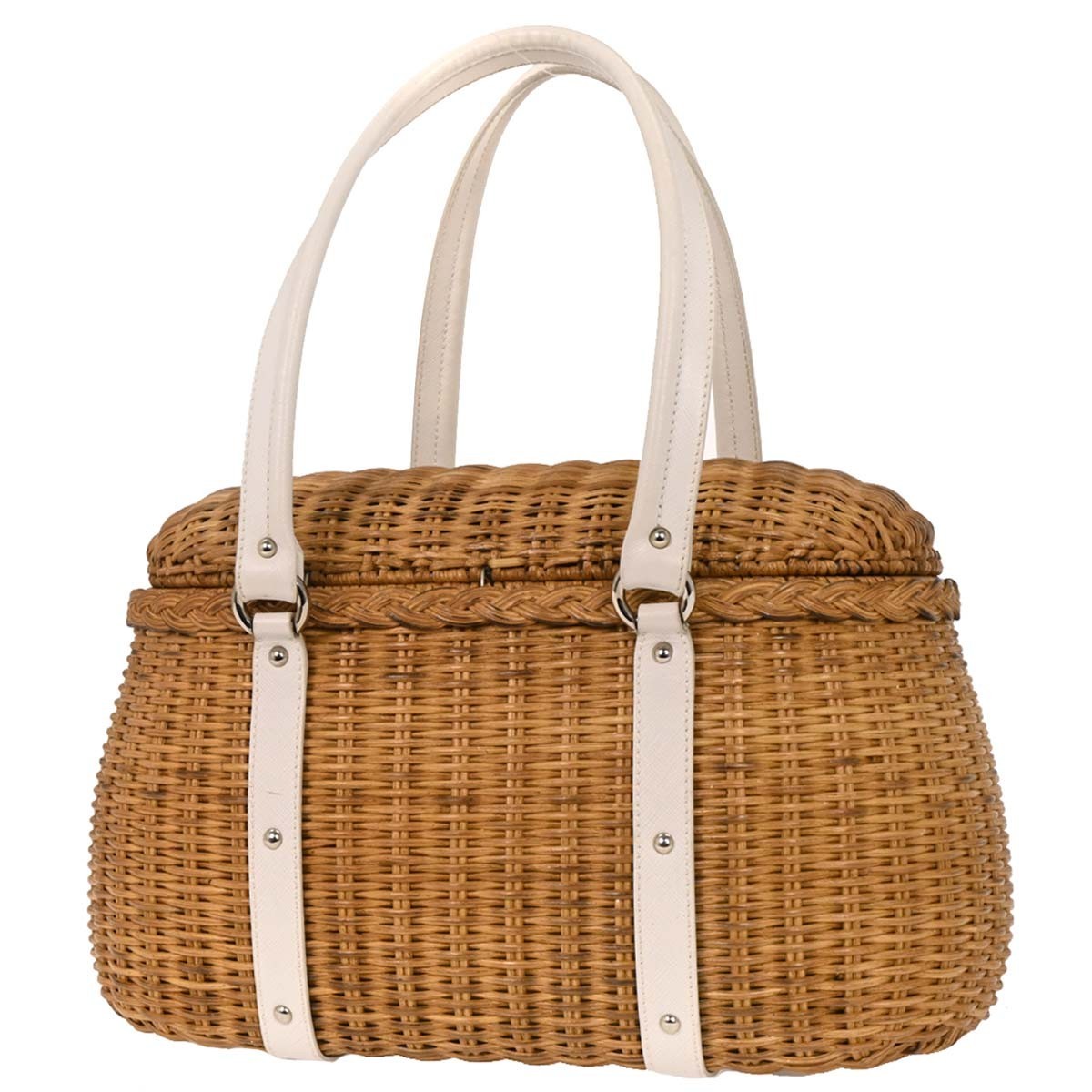 Salvatore Ferragamo Basket Gancini Handbag Leather and Wicker, WHITE, LEATHER, Handbag