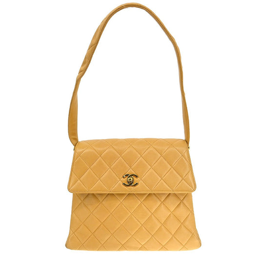 Chanel Vintage CC Square Flap Shoulder Bag Quilted Lambskin, Beige, Leather, Shoulder Bag