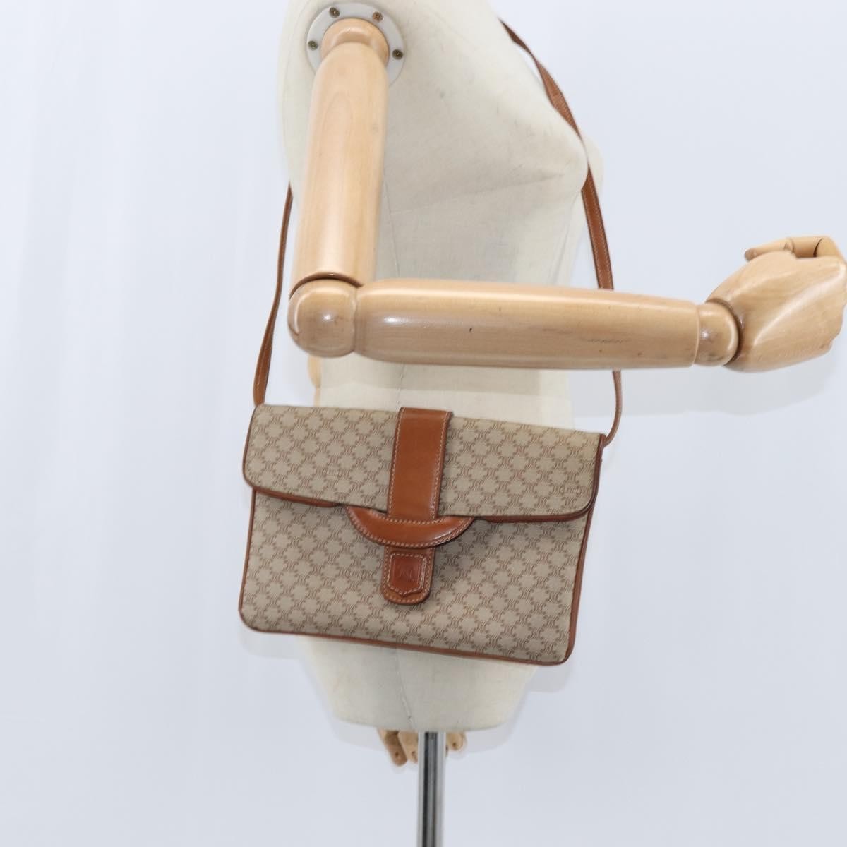 Celine Vintage Macadam Shoulder Bag Canvas and Leather, BEIGE, CANVAS, Shoulder bag