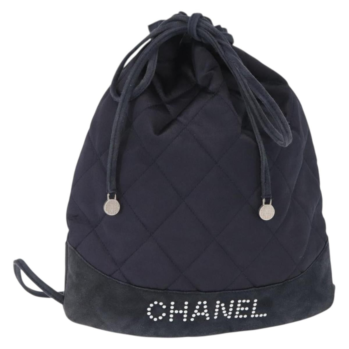 Chanel Vintage Drawstring Backpack Quilted Satin with Suede, NAVY, SATIN, Backpack
