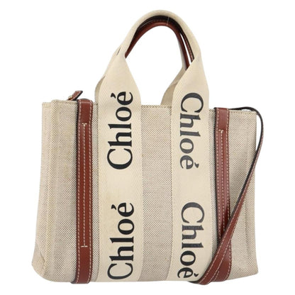 Chloe Woody Convertible Tote Canvas with Leather, BEIGE, CANVAS, Handbag