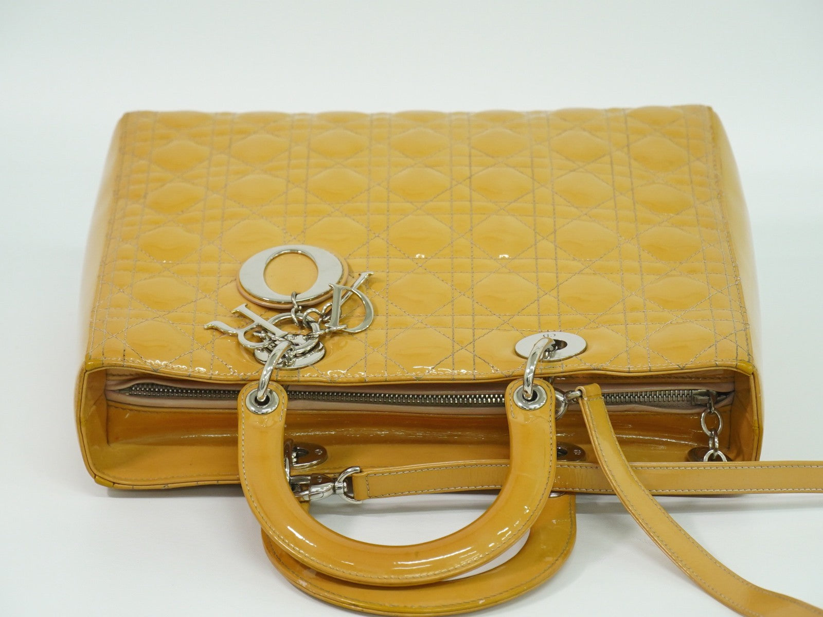 Christian Dior Vintage Lady Dior Bag Cannage Quilt Patent, BEIGE, PATENT_LEATHER, Handbag
