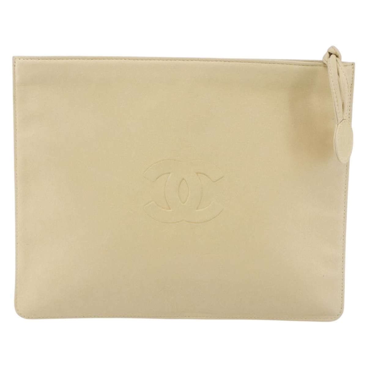 Chanel CC Pochette Quilted Caviar, BEIGE, LEATHER, Clutche & pouche
