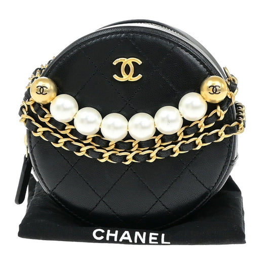Chanel Chic Pearls Round Clutch with Chain Quilted Lambskin, BLACK, LEATHER, Shoulder bag