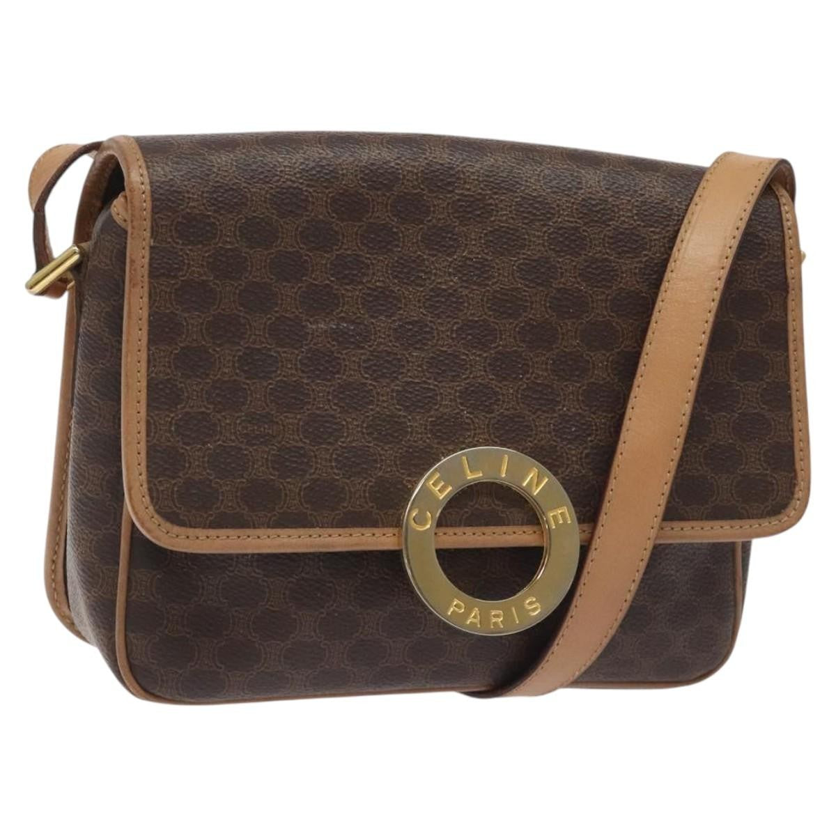 Celine Vintage Macadam Circle Logo Shoulder Bag Canvas and Leather, BROWN, PVC,CANVAS, Shoulder bag