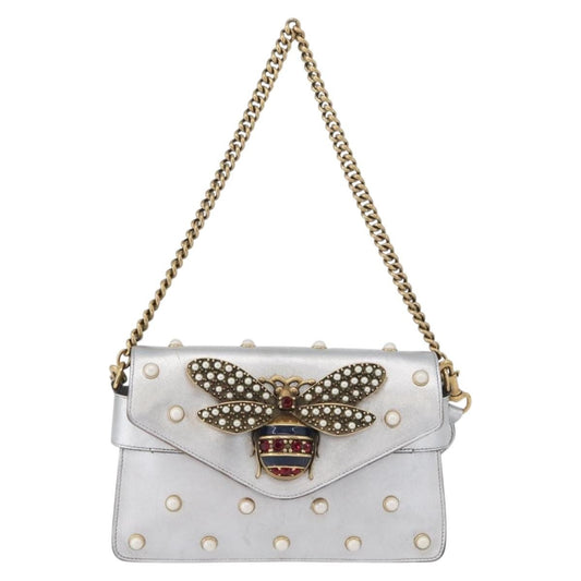 Gucci Broadway Pearly Bee Shoulder Bag Embellished Leather, SILVER, LEATHER, Shoulder bag