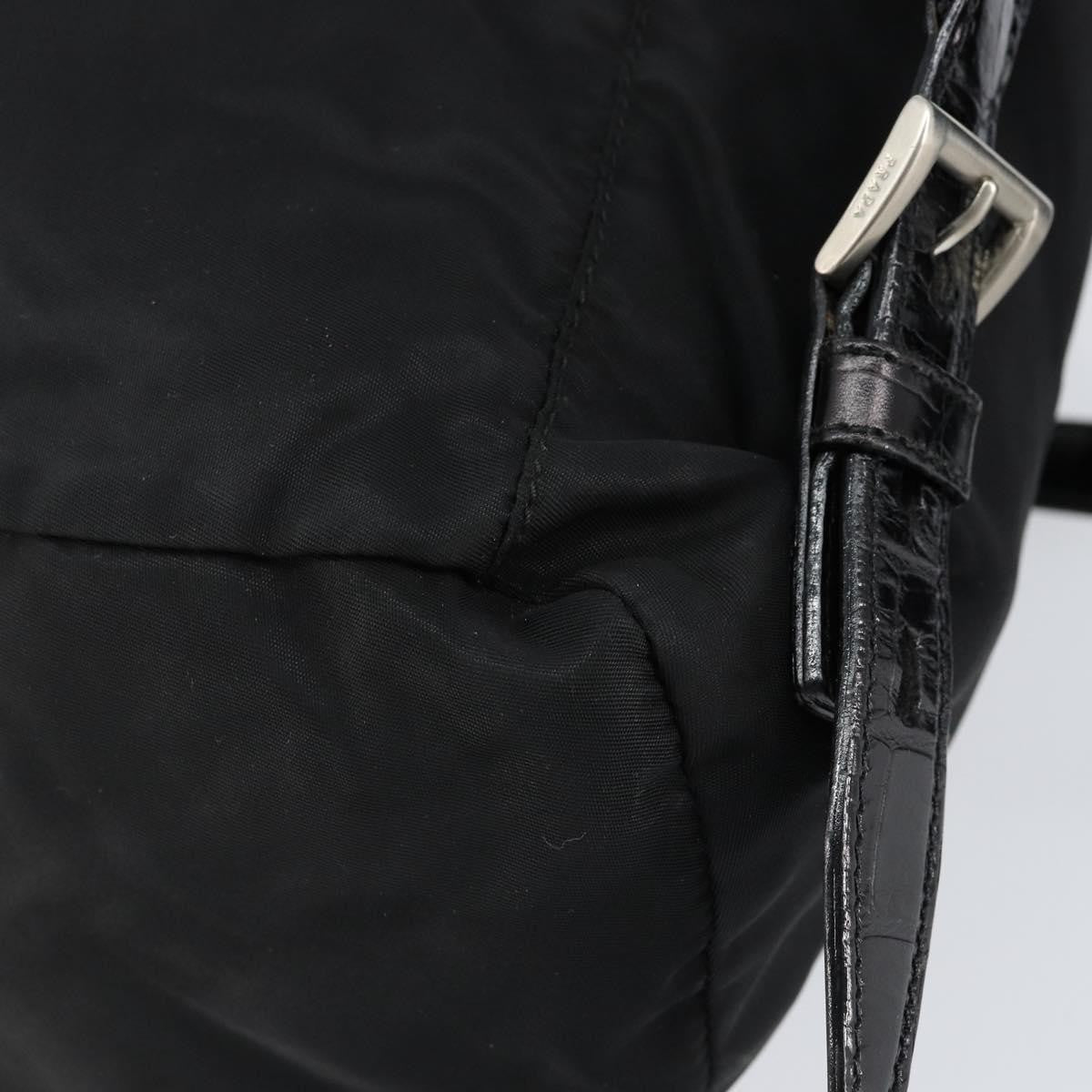 Prada Cinch Buckle Flap Backpack Tessuto with Crocodile Embossed Leather, BLACK, NYLON, Backpack