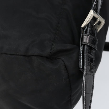 Prada Cinch Buckle Flap Backpack Tessuto with Crocodile Embossed Leather, BLACK, NYLON, Backpack