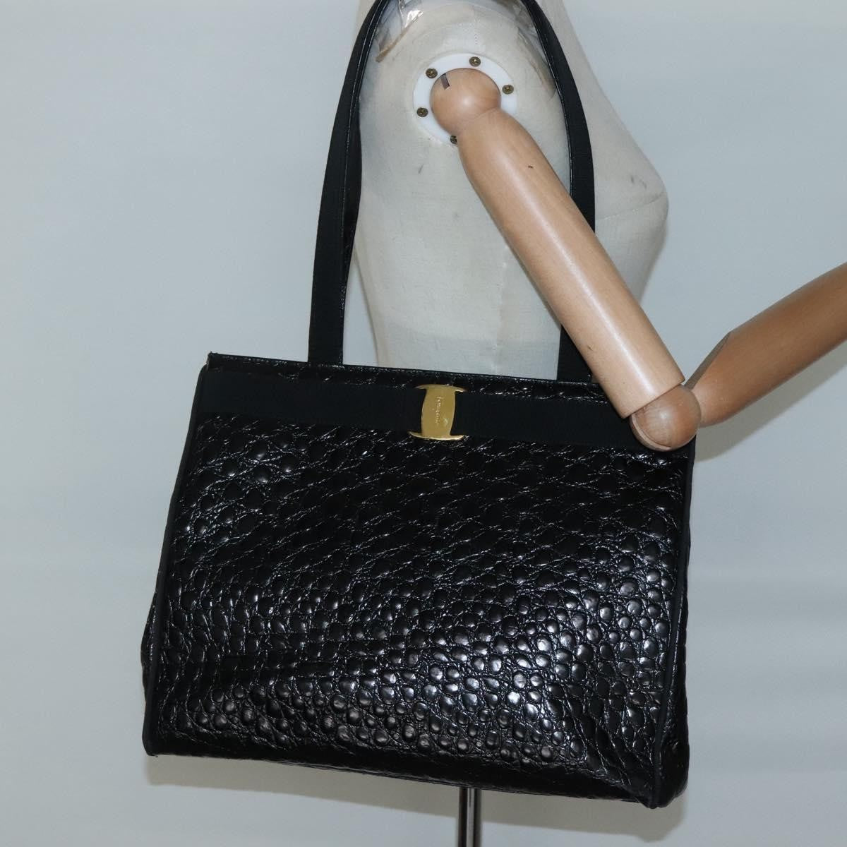 Salvatore Ferragamo Vintage Vara Bow Tote Lizard Embossed Leather, BLACK, LEATHER, Tote bag