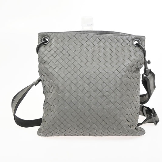 Bottega Veneta Flat Messenger Bag Intrecciato Nappa, GRAY, LEATHER, Shoulder bag