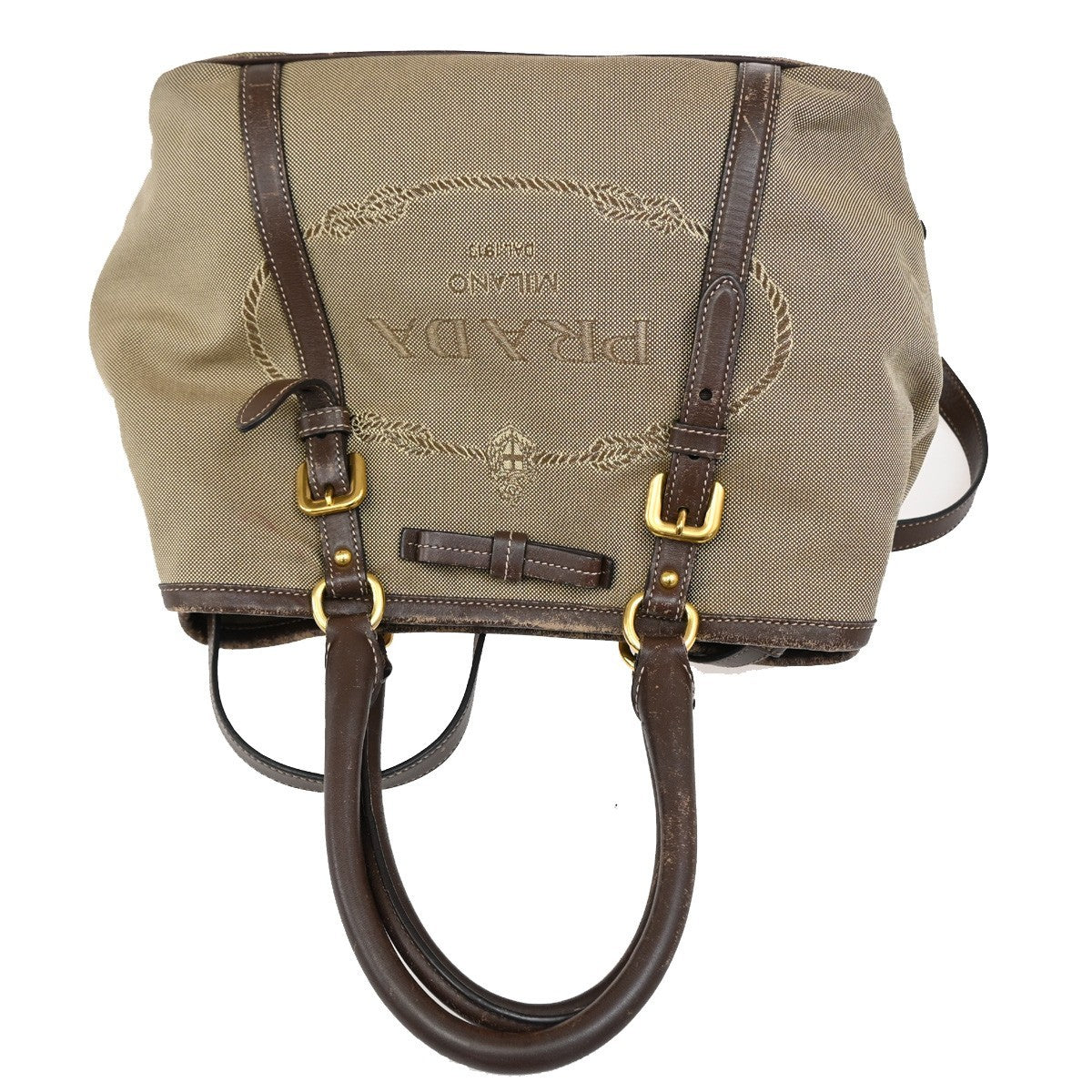 Prada Logo Convertible Tote Canvas with Leather, BROWN, CANVAS, Tote bag